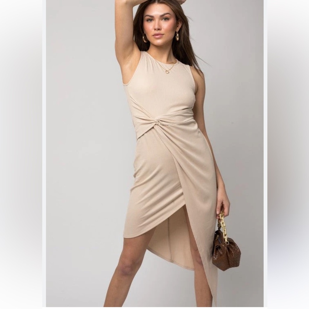 Gilli SLEEVELESS TWIST WRAP RIB MIDI DRESS SIZE MEDIUM CREAM/TAUPE EUC